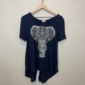 MOONCHILD L.A. Boho Bling Embellished Elephant with Crochet Back Navy Tee-L